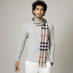 Men Beige & Black Checked Wool Muffler